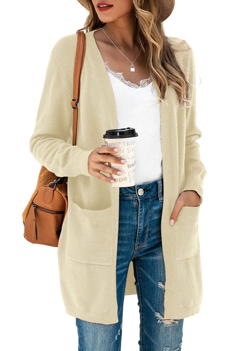 TASAMO Women's Long Sleeve Soft Sweater Open Front Cardigan Outwear with Pockets (Medium,Beige) - Image 1